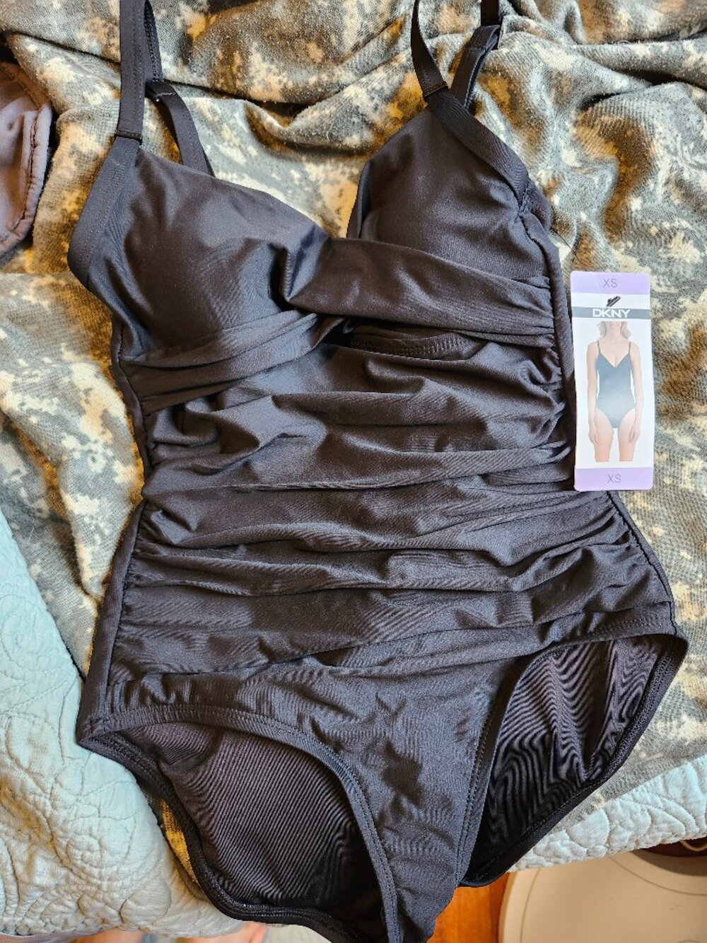 DKNY Black Ruched One-Piece Swimsuit with Adjustable Straps